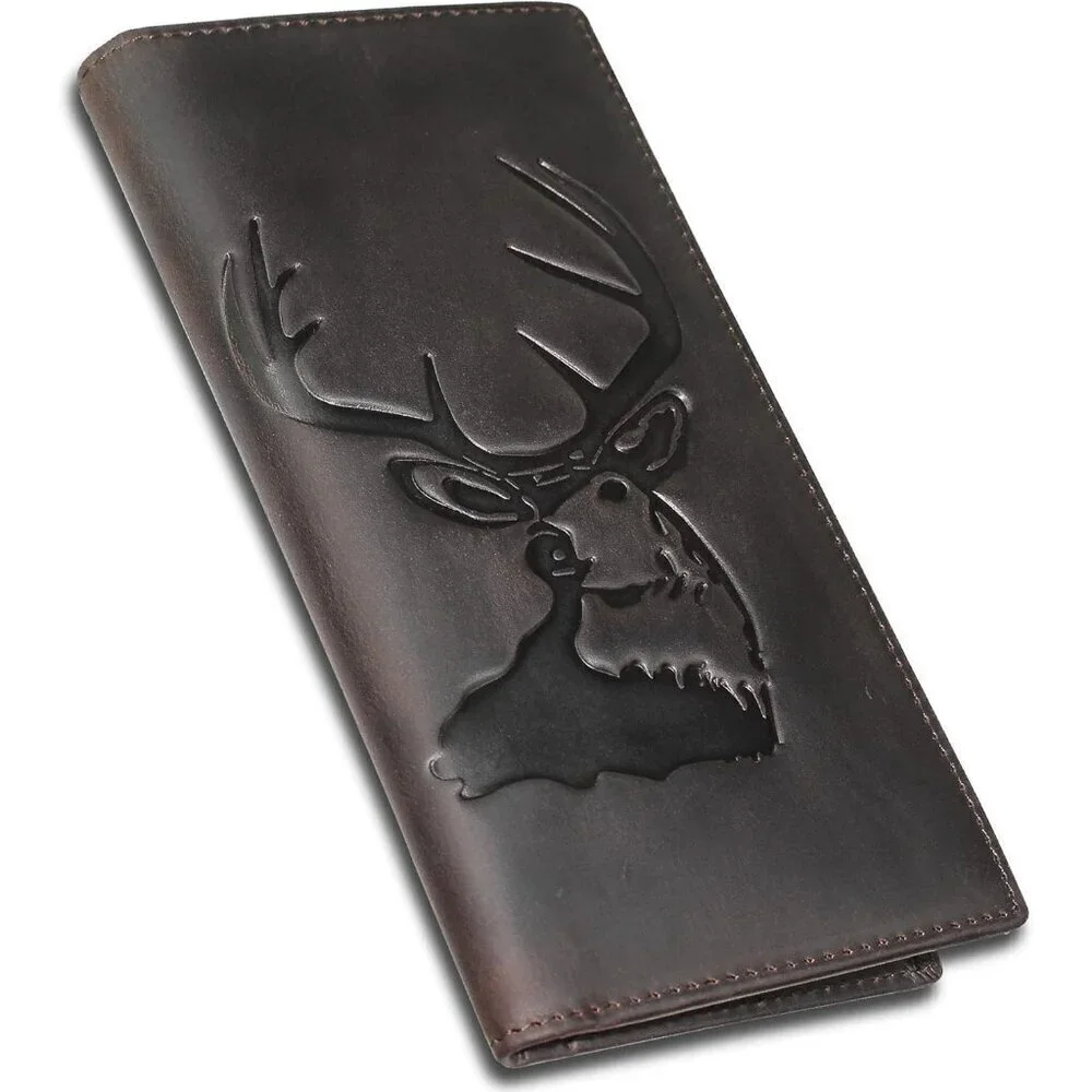 🆕Men Black Long Wallet Grain Leather Rfid Blocking Bifold Deer Wallet, Coffee